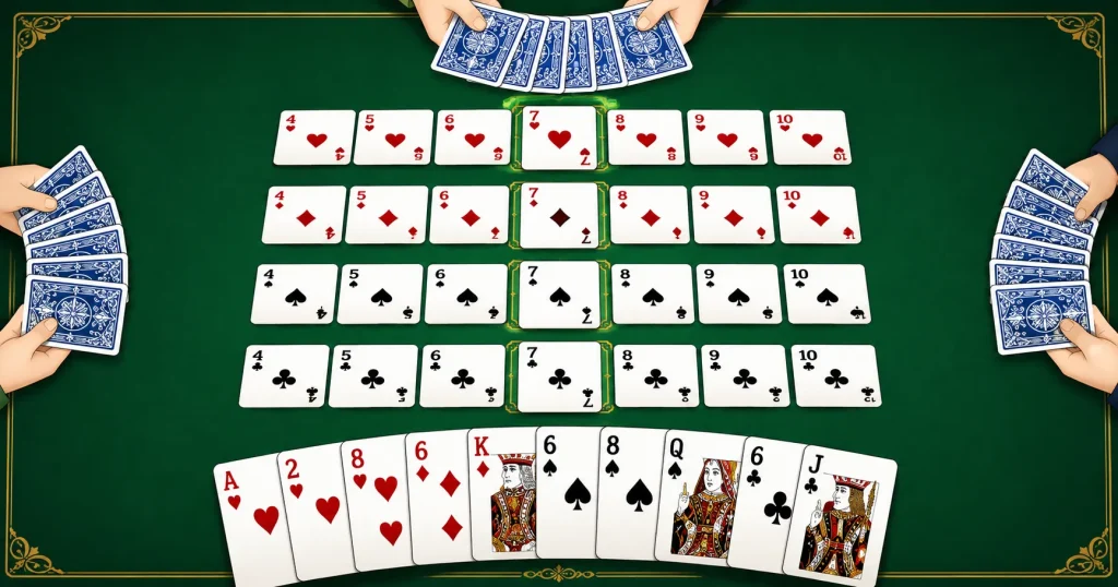 七並べで7を中心に同じマークのカードを左右へ並べているルールのイメージ