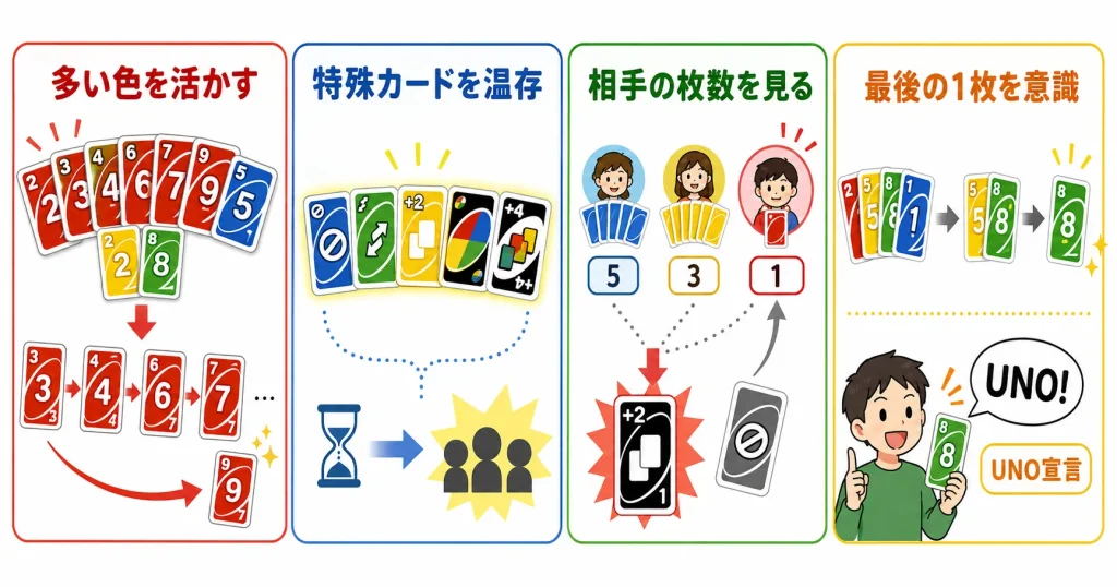 UNOで手札に多い色を活かし特殊カードを温存し相手の手札枚数を見て戦う基本戦略を説明する図解