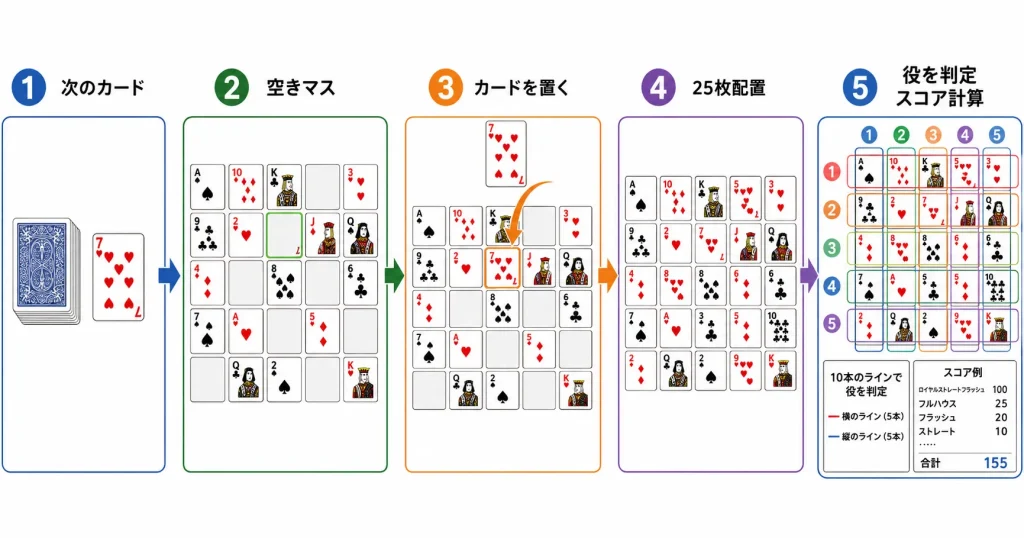 ポーカーソリティアで次のカードを置き25枚で盤面を埋めて縦横10ラインの役を判定する流れを説明する図解