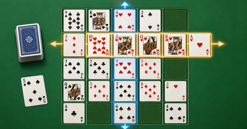 ポーカーソリティアで5×5の盤面にカードを置き縦横のポーカー役で得点を競うルールのイメージ